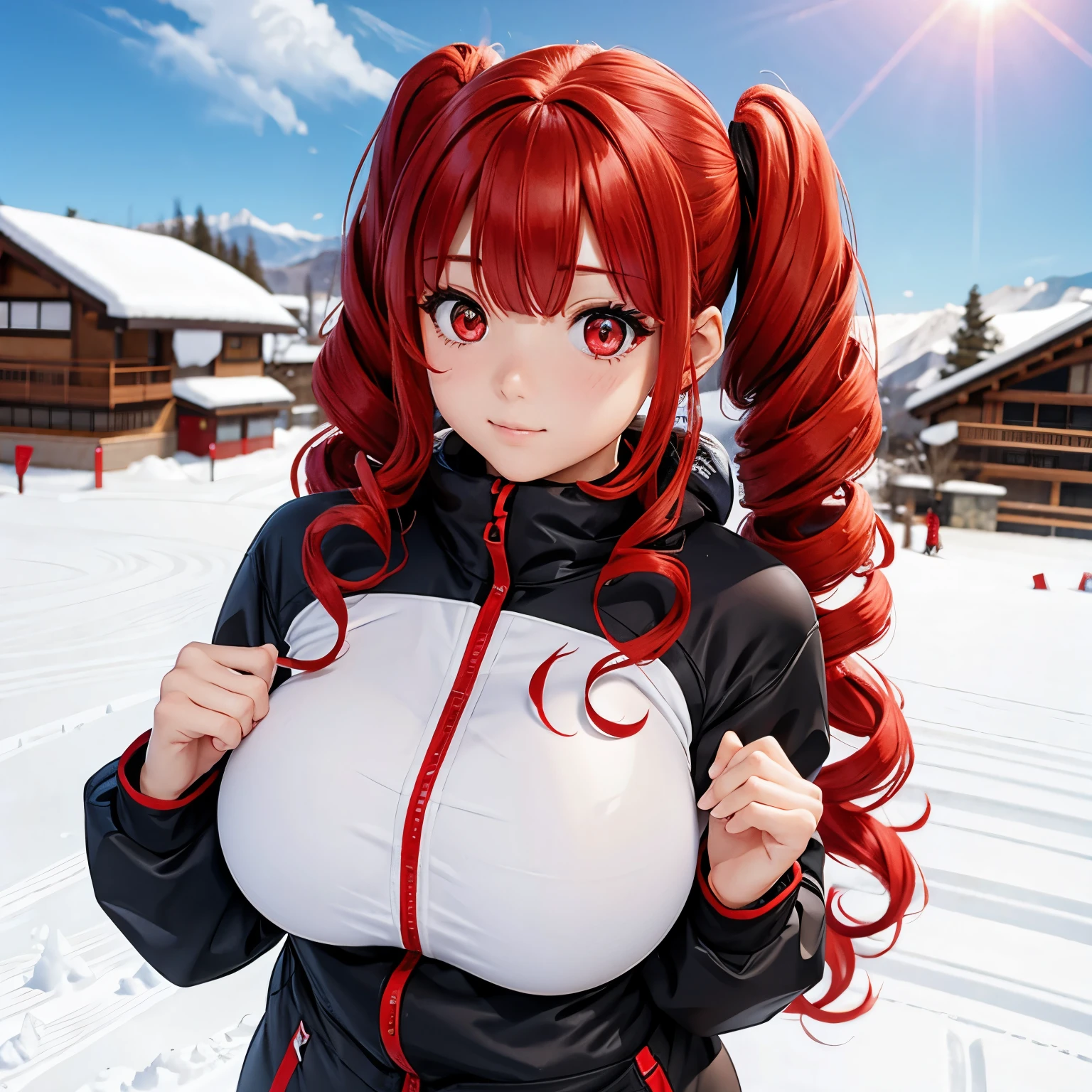  side-top twin tails、Red Curly Hair、bangs、 slim body、 Big Breasts 、 ball shaped breasts 、Red eyes、 red contact lenses、 hair between eyes、Red Hair、Kind Face、drill curls 、 beautiful Japanese woman、Real women、 plump body 、Outdoor、 ski wear for skiing、Ski Resort