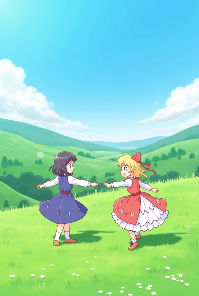 Two girls standing in front of a painting、laugh face、Water droplets on the cheeks、Dance Practice、Rotational jump、bustup、Eye Up、Flowing iridescent silk、Cosmic petals