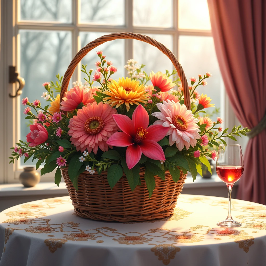  Flower Basket with a Bright Bouquet ,  stands on the Windowsill The basket Made of the Wicker Vine is pretty pretty pretty,  A Bouquet of Lush Fresh Flowers , Very rich colors ,  Bright Sunlight falls on them , Morning frost can be seen from the Window ,  A beautiful tablecloth painted with gold threads ,  Is a Glass of Wine Half filled near the Basket , masterpiece, 8 k,  Complex Details , bright colors, rich colors ,  better quality,