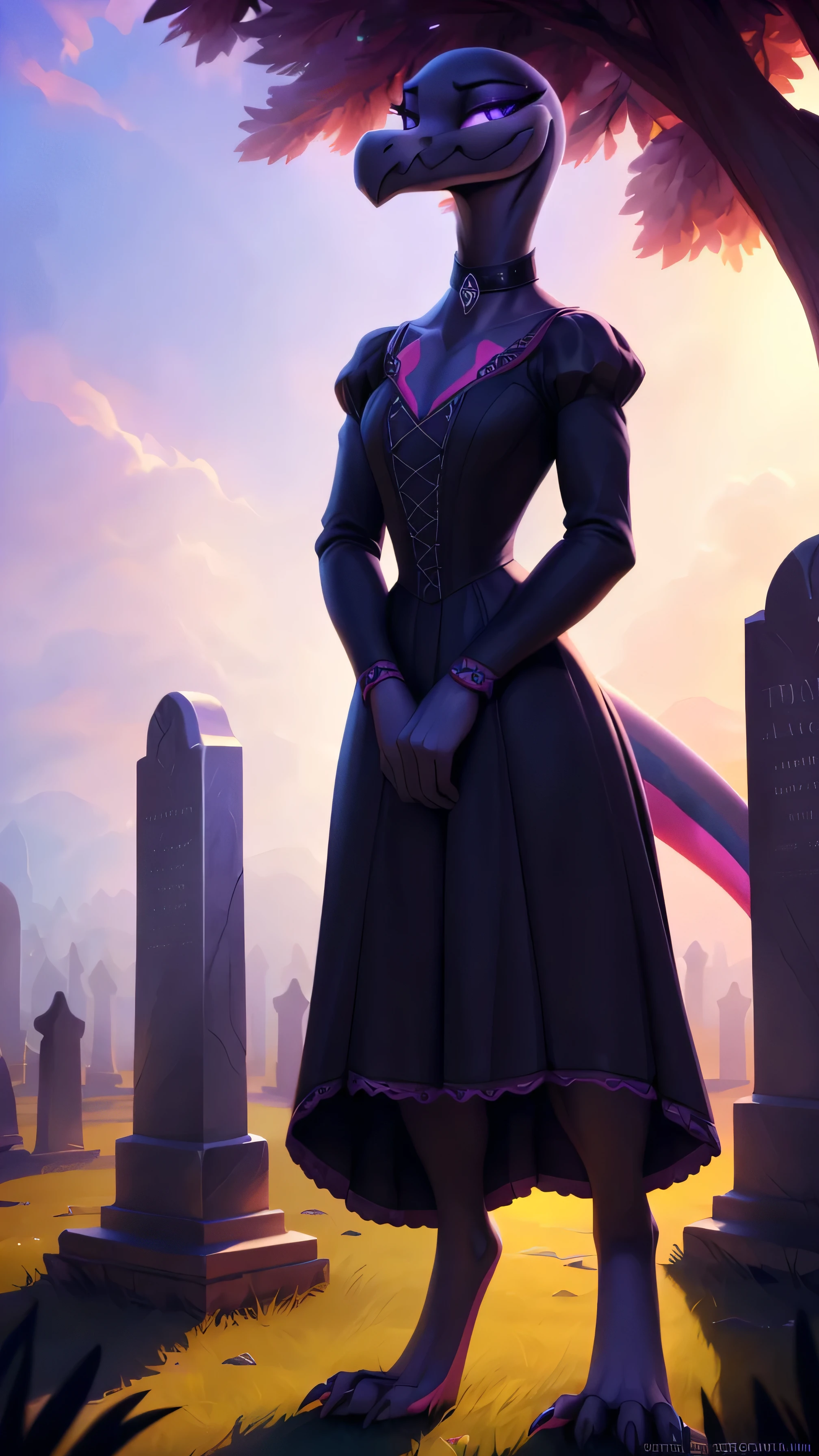 uploaded on e621, ((Salazzle)) by Pixelsketcher, by Bayard Wu, by Thomas Benjamin Kennington , by Einshelm, anthro, ((full body focus)), BREAK, ((dress:1.2)),wearing black victorian dress, long flowing dress, long sleeve victorian dress, dress flowing down past knees, black choker, (detailed Bonifasko lighting), (detailed scales), (detailed skin), (female Salazzle), BREAK, ((facing viewer)), (cinematic lighting), ((detailed background)), ((full body portrait view)), (((portrait view))), (half body shadow), [backlighting], [crepuscular ray], [detailed ambient light], [gray natural lighting], [ambient light on the belly], (higher wildlife feral detail), [sharp focus], (shaded), ((masterpiece), medium breasts, furry Salazzle, reptilian face, furry Fantasy Art, furry Art, Commission for High Res, anthro Art, POV furry Art,Sakimichan beautiful, masterpiece, best quality, detailed image, bright colors, detailed face, perfect lighting, perfect shadows, perfect eyes, girl focus, purple eyes, flawless face, reptilian girl, scales, scaled woman, colorful scales, gaze at the viewer, half-closed eyes, 1girl, full body, (masterpiece:1.21), (best quality:1.2), (illustration:1.2), (cinematic lighting:1.3), detailed scales, balanced coloring, global illumination, ray tracing, good lighting, scales, anthro, looking at viewer, short neck, (full body shot of woman in graveyard), submissive, outside, graveyard, (woman standing outside, woman standing in graveyard, woman next to tombstones), hand on tombstone, claws, (intricate details:1.12), (intricate details, hyperdetailed:1.15), hdr, outside, (daytime:1.2), warm light, dramatic light, cinematic, (full body:1.2), slight smile, blushing, ((black victorian dress, standing up, posing seductively, slight smile, full victorian dress, dress covering whole body))