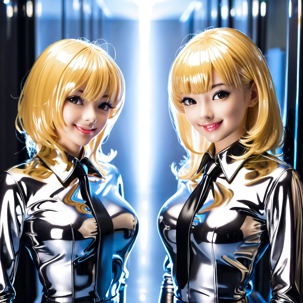 2 girls buttoned up in extremely tight shiny latex blouse, smile, Lens reflection, Reflected light, Are there , Necktie, Medium hair,  blonde hair, 