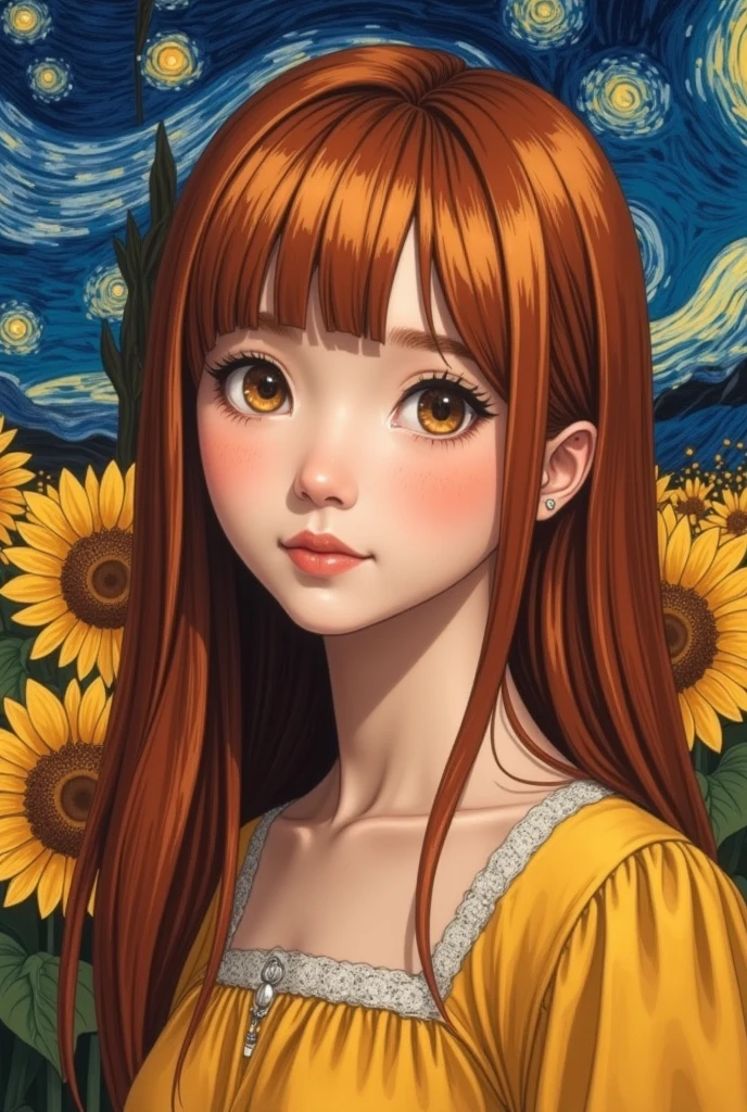 Beautiful woman, red hair, sunflower field, amber eyes, 8k, best quality, (van gogh, starry night background), detailed hair, detailed eyes
