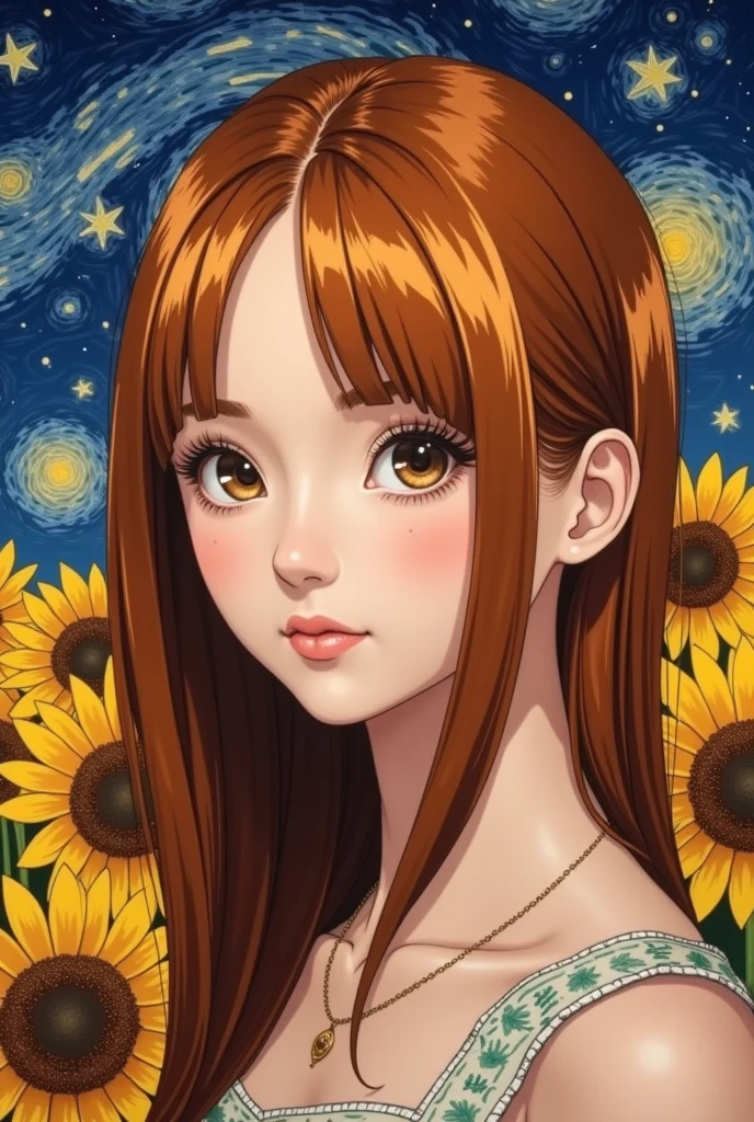 Beautiful woman, red hair, sunflower field, amber eyes, 8k, best quality, (van gogh, starry night background), detailed hair, detailed eyes
