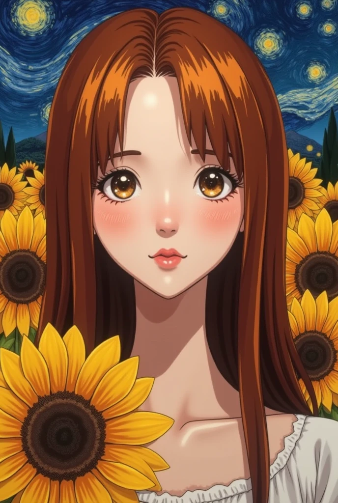 Beautiful woman, red hair, sunflower field, amber eyes, 8k, best quality, (van gogh, starry night background), detailed hair, detailed eyes
