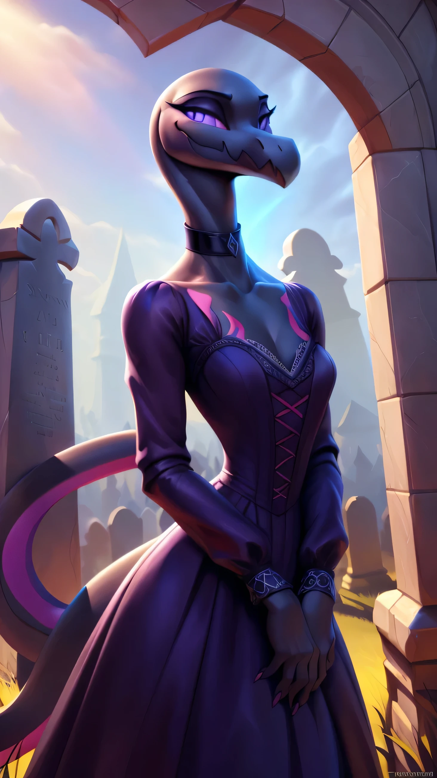 uploaded on e621, ((Salazzle)) by Pixelsketcher, by Bayard Wu, by Thomas Benjamin Kennington , by Einshelm, anthro, ((full body focus)), BREAK, ((dress:1.2)),wearing black victorian dress, long flowing dress, long sleeve victorian dress, dress flowing down past knees, black choker, (detailed Bonifasko lighting), (detailed scales), (detailed skin), (female Salazzle), BREAK, ((facing viewer)), (cinematic lighting), ((detailed background)), ((full body portrait view)), (((portrait view))), (half body shadow), [backlighting], [crepuscular ray], [detailed ambient light], [gray natural lighting], [ambient light on the belly], (higher wildlife feral detail), [sharp focus], (shaded), ((masterpiece), medium breasts, furry Salazzle, reptilian face, furry Fantasy Art, furry Art, Commission for High Res, anthro Art, POV furry Art,Sakimichan beautiful, masterpiece, best quality, detailed image, bright colors, detailed face, perfect lighting, perfect shadows, perfect eyes, girl focus, purple eyes, flawless face, reptilian girl, scales, scaled woman, colorful scales, gaze at the viewer, half-closed eyes, 1girl, full body, (masterpiece:1.21), (best quality:1.2), (illustration:1.2), (cinematic lighting:1.3), detailed scales, balanced coloring, global illumination, ray tracing, good lighting, scales, anthro, looking at viewer, short neck, (full body shot of woman in graveyard), submissive, outside, graveyard, (woman standing outside, woman standing in graveyard, woman next to tombstones), hand on tombstone, claws, (intricate details:1.12), (intricate details, hyperdetailed:1.15), hdr, outside, (daytime:1.2), warm light, dramatic light, cinematic, (full body:1.2), slight smile, blushing, ((black victorian dress, standing up, posing seductively, slight smile, full victorian dress, dress covering whole body))