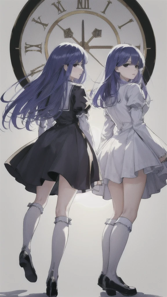 The image shows two females standing on a reflective street. (The first: is dressed in an elaborately detailed costume, which includes a black and white dress with a blue bowtie, knee socks, and black shoes. The costume also features a cat-tail accessory attached to the lower back, and she has long dark blue hair.) (The second female: is wearing a school uniform of the St. Lucia Academy, complete with all its distinctive details). The lighting is bright, highlighting the vibrant colors and intricate details of their costumes and surroundings. Masterpiece. Perfect. Award winner. Professional manga-anime drawing. Perfectly well drawn hands. Perfect hands:1. The background has some kind of deformed huge clock featuring various numeric systems, slightly deformed due to chemical exposure. The clock is intricately designed with Roman numerals, Arabic numerals, binary code, and ancient numeric symbols. The deformations give the clock an abstract, almost surreal appearance, with parts of the clock face warped and distorted. The colors and textures reflect the effects of chemical reactions, creating a unique and striking visual (masterpiece), (best quality). Two females standing:1. (((TWO FEMALES))), (((EACH FEMALE HAS HER OWN DISTINCTIVE CLOTHING)))