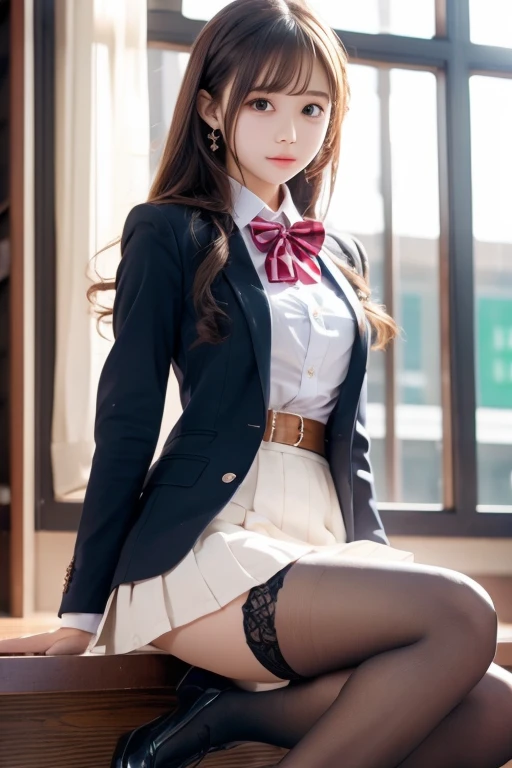  pretty girl ､High school girl､Idol､uniform､ blazer､ stockings､ miniskirt､ see-through ､Fluttering in the wind､sit