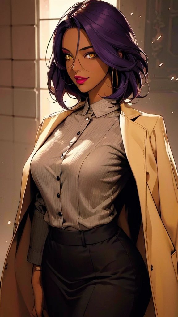 ((smirk, parted lips, looking at viewer, golden eyes, makeup, lipstick, dark skin, full lips))  coat on shoulders, jacket on shoulders, 1girl,, businesswoman, business  suit, skirt, large breasts, wide hips, extreme low angle, worm's eye view, dominatrix, short hair, hair between eyes, hair, purple hair, yellow eyes   muscle mommy, muscular female,mature female darkskin_style dark skin, tan skin, a masterpiece, 8k resolution, dark fantasy concept art, dynamic lighting, hyperdetailed, intricately detailed, Splash screen art,  deep color, Unreal Engine, volumetric lighting, complementary colors, Score_9, Score_8_up, Score_7_up, Score_6_up, Score_5_up, Score_4_up, Source_anime, Tag1, Tag2, Quality_masterpiece, Anatomically correct, Beautiful face, Perfect face, Highly detailed beautiful face and eyes, Attractive face, Detailed face, Delicate facial features, Detailed skin, 