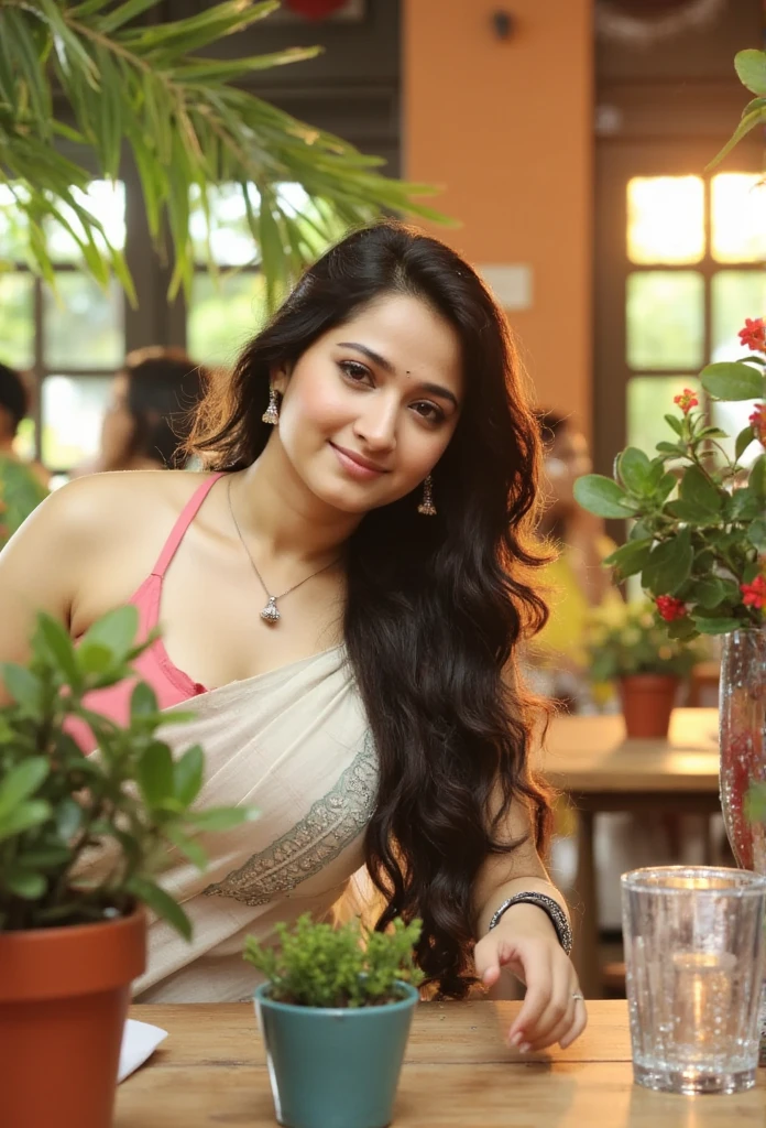 Indian woman Surrounded by lush greenery and potted plants, she leans over a rustic wooden table, delicately planting a tiny succulent, huge breast and huge cleavage . Her curls are partially tied back, with strands framing her face as she smiles softly. She wears an saree, catching the sun streaming through glass panes above. The setting glows with golden green light, and the color palette is a blend of sage, soft cream, and amber, giving a warm, peaceful atmosphere
