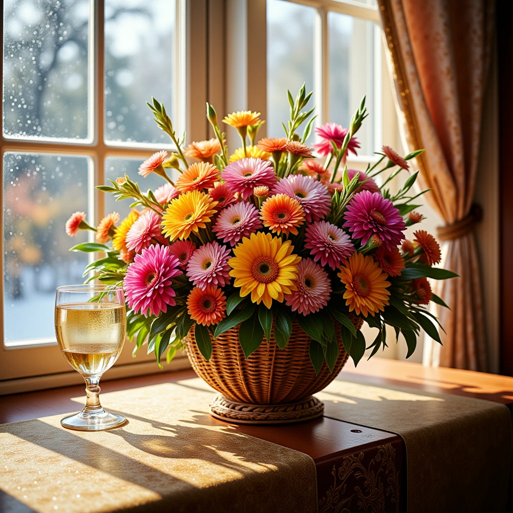  Flower Basket with a Bright Bouquet , stands on the Windowsill A basket Made of Designer material is cute Beautiful in the form of a boat,  A Bouquet of Lush Fresh Flowers , Very rich colors ,  Bright Sunlight falls on them , Morning frost can be seen from the Window ,  A beautiful tablecloth painted with gold threads ,  Is a Glass of Wine Half filled near the Basket , masterpiece, 8 k,  Complex Details , bright colors, rich colors ,  better quality,