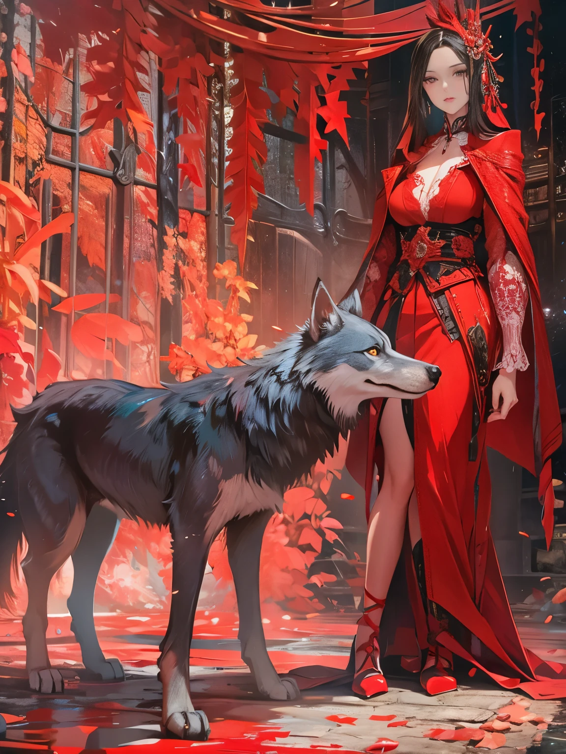 "Scarlet Encounter" Sub-Title: "A Tale of Contrasts" In a striking visual narrative, a scene unfolds with a dramatic contrast between a majestic wolf and a woman in a vibrant red ensemble.