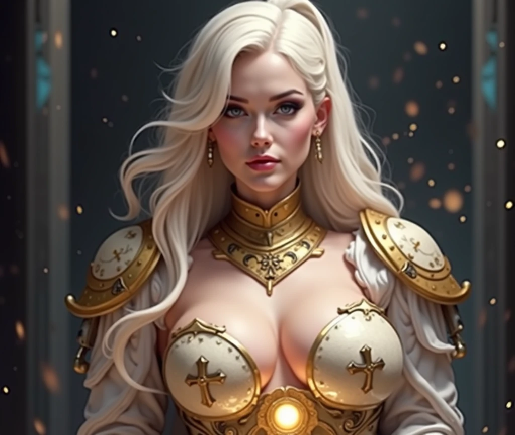 Professional, High level of detail, close up photo (attractive mature 40yo woman:1.3),long white hair with hair ribbon, tied up, gray eyes, (soldier with armor, golden armor, skirt)1.455,ray tracing, natural lighting, (seductive:1.1), (blushing:1.1 ), (classy, elegant, dandy)1.2, (round big breasts)1.2 (pokies)1.3, (toned body, hourglass body shape) (wipe hips), (full body with visible face and eyes)1.5, glasses, earnings, kingdom, necklace, tattoo on breast, crossed leg