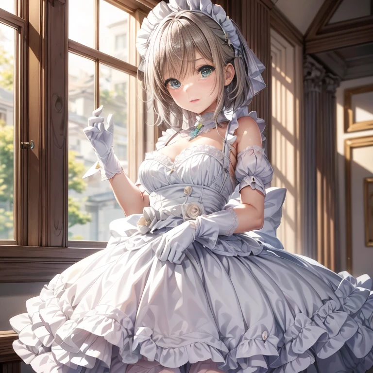 pastel classic style, (artwork), (Amazing work), (Indirect linear lighting), (Chibi Cute Studio), (cuteアニメのGIF), (nice、cute、cute), (Highly detailed wallpapers of CG 8k units), (1 girl) Wearing a beautiful dress, cuteフリルのティアラと長い青い髪, Please wear silk gloves, white skin, green eyes, (かなりcuteです)