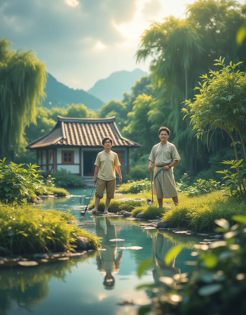 (masterpiece:1.2,  Quality Best , super high resolution,  Very detailed , Best Illustration),8K,wallpaper,(masterpiece,  Quality Best :1.2), There is a creek in front of the tiled house ， Two men holding hoes， There are willows by the river ，bamboo，swallow，rain，，Simple picture 