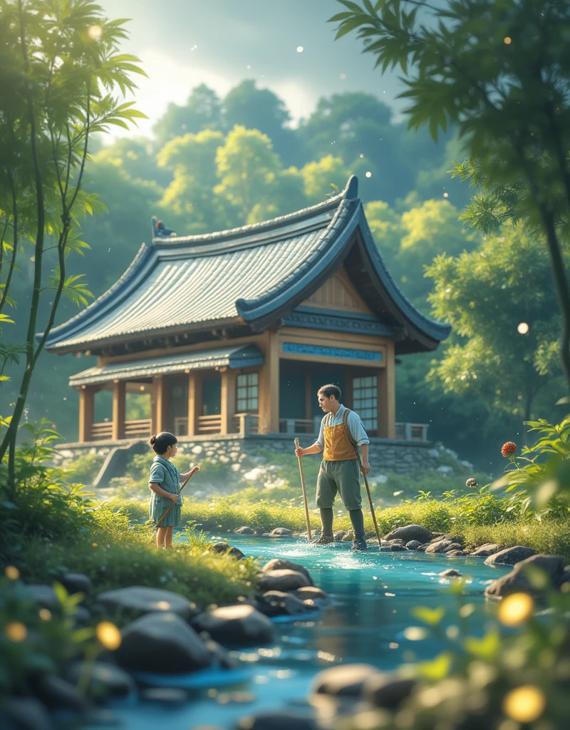 (masterpiece:1.2,  Quality Best , super high resolution,  Very detailed , Best Illustration),8K,wallpaper,(masterpiece,  Quality Best :1.2), There is a creek in front of the tiled house ， Two men holding hoes， There are willows by the river ，bamboo，swallow，rain，，Simple picture 