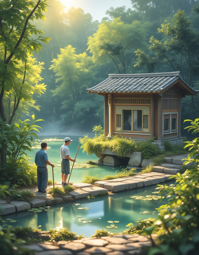 (masterpiece:1.2,  Quality Best , super high resolution,  Very detailed , Best Illustration),8K,wallpaper,(masterpiece,  Quality Best :1.2), There is a creek in front of the tiled house ， Two men holding hoes， There are willows by the river ，bamboo，swallow，rain，，Simple picture 