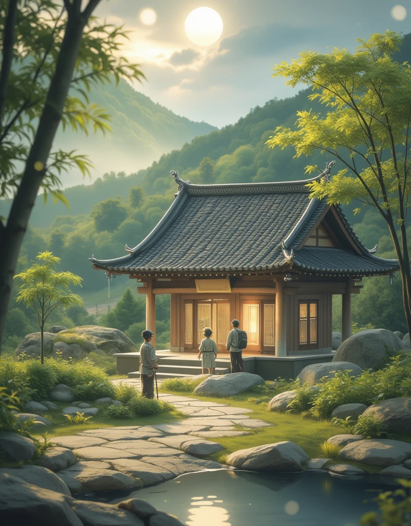 (masterpiece:1.2,  Quality Best , super high resolution,  Very detailed , Best Illustration),8K,wallpaper,(masterpiece,  Quality Best :1.2), There is a creek in front of the tiled house ， Two men holding hoes， There are willows by the river ，bamboo，swallow，rain，，Simple picture 