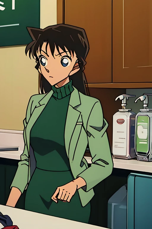 {{{mouri ran}}},{{{Detective Conan}}},{{{long hair}}},{{{official style}}},{{{adult}}},green dress one-piece dress,turtleneck green miniskirt, {light green cropped mini jacket},{light green cropped jacket},green socks,sink,laundry,kitchen,bringing upper body to the sink,open