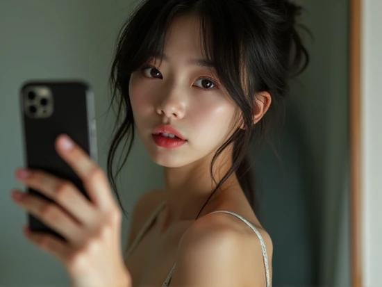 1girl, masterpiece, best quality, 8k, detailed skin texture, detailed cloth texture, beautiful detailed face, intricate details, ultra detailed, upper body, taking selfie in realistic teen bedroom 