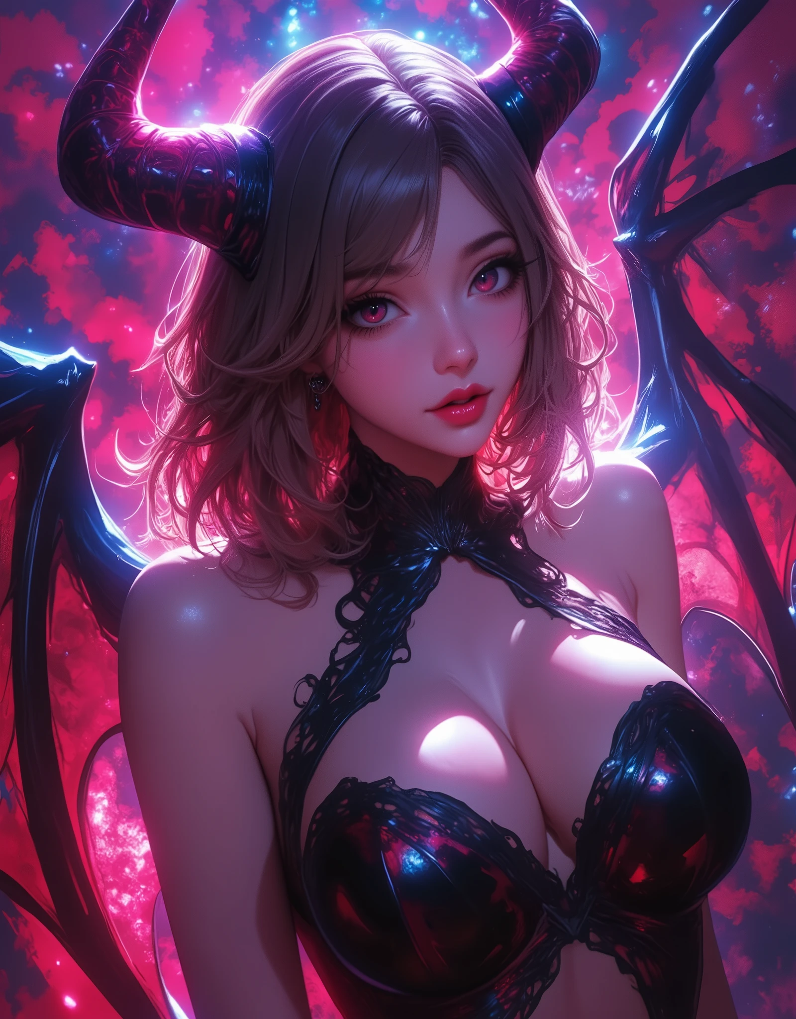 Religious,  extremely detailed, ( fractal art:1.3),  colorful background, Beautiful female demon, (Staring at me with lustful eyes ,  crazy smile:1.3), ( black bondage dress:1.2, Devil&#39;s Wing, Devil horns), (Streaks of light),  impressive visual , HIGHEST DEFINITION ,  perfect face,  upper body,  high definition , (Shining Trail:1.2),  bright color , masterpiece,  best quality,  best quality,  Official Art,  Aesthetically Beautiful :1.2,  Very detailed, 8k, Beautiful CG illustrations,  Anime Style , Chiaroscuro Lighting.