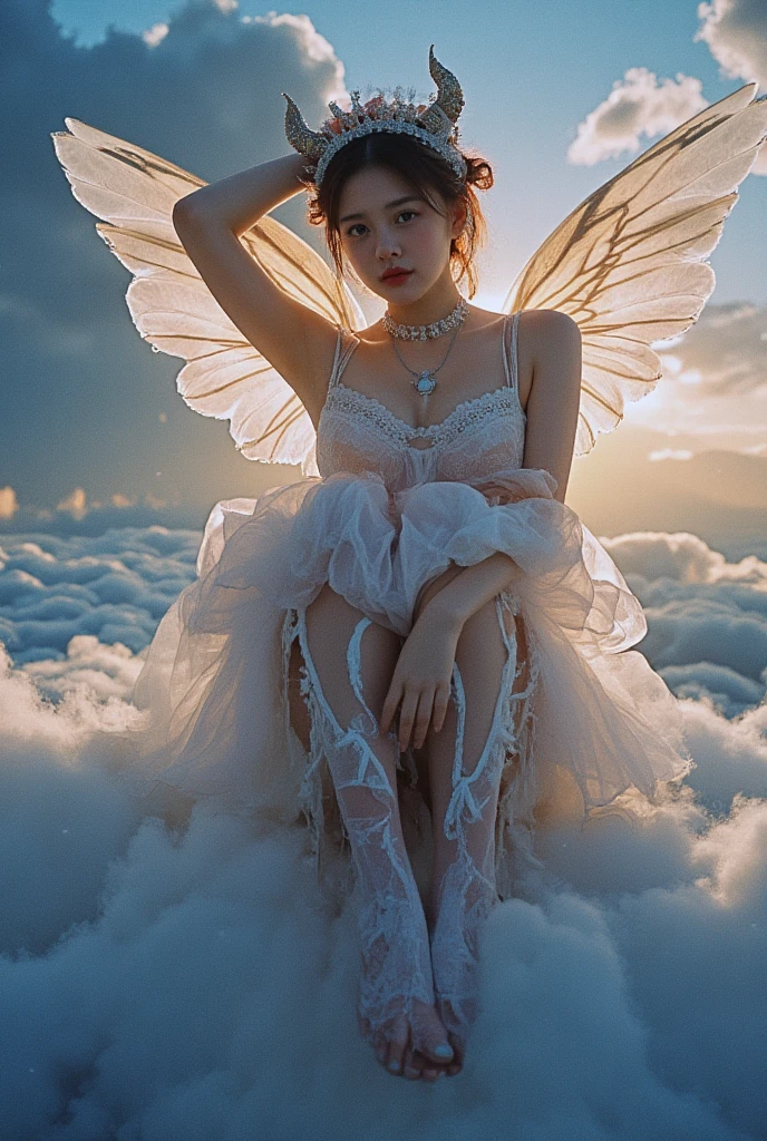 (The best illustrations)、realisitic、ultra-detailliert、The best lighting、Best Shadows、alluring succubus, ethereal beauty, perched on a cloud, (fantasy illustration:1.3), enchanting gaze, captivating pose, delicate wings, otherworldly charm, mystical sky, (Luis Royo:1.2), (Yoshitaka Amano:1.1), Dungeon and Dragon、caves、Dungeon、 A Necromancer、natta、Dark style、Succubus、Devil's Daughter、Bat Wings，(((Demon Hornlack-rimmed round glasses))))、(red eyes glowing:1.6)、​beautiful countenance、Tindall Effect、(High Detail Skins:1.2) absurderes、Ponytail distortion、jewely、Beautiful expression、Toned waist、Wide buttocks、Tindall Effectmasuter piece、top-quality、Highest Standards、Top image quality、masutepiece、intricate detailes、High resolution、Depth Field、natural soft light、profetional lighting、Great smile、(High Detail Skin: 1.2)、photorealistic anime girl render、Strong highlights of the eyes、Perfect Anatomy、crotch open、Shy、Spreading your legs、Panties are visible、Skirt flipping、Body shiny with oilerectile nipple))、8K resolution、intricate clothing、Intricate details