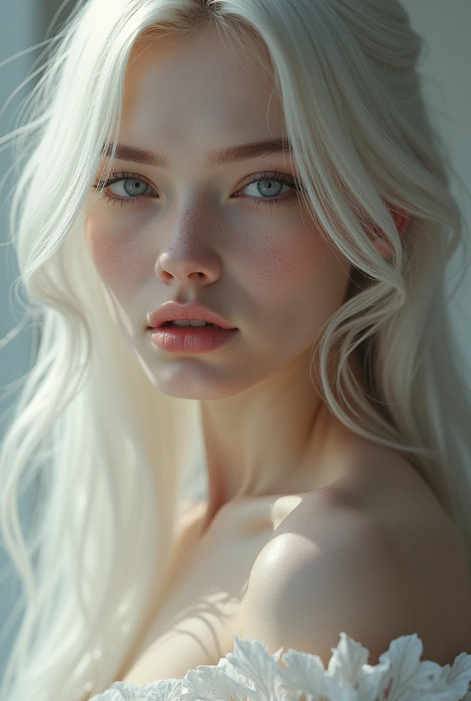A young woman with long, wavy, waist-length white hair, white eyebrows, with a red dress that highlights her white skin and a small neckline and a delicate necklace, her full, pink mouth and emerald green eyes, displaying her natural charm and outgoing personality.