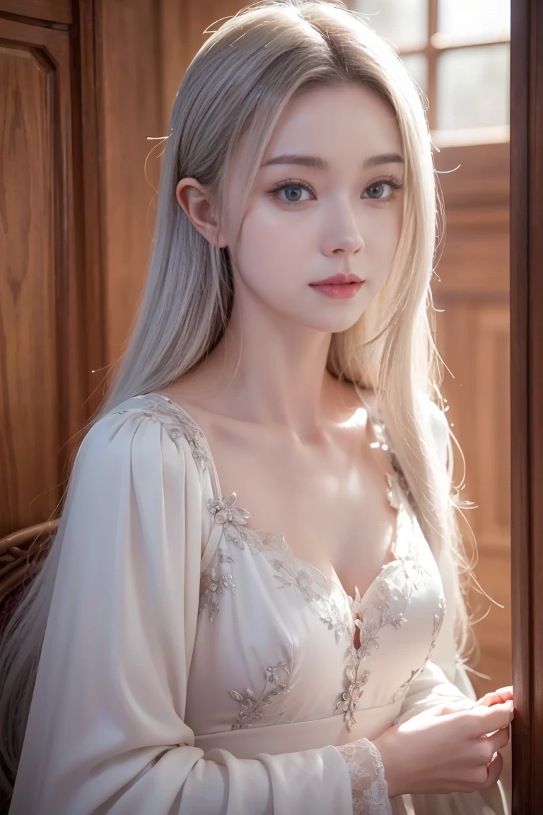 ashelia, photorealistic young medieval white-haired woman, flat chest, small bust, 8k, medieval palace, A beautiful adult woman with a soft face, perfect brown eyes, detailed face, long eyelashes, silk flower fantasy background, cinematic photorealistic lighting, dramatic night scene, (best quality,4k,8k,highres,masterpiece:1.2),ultra-detailed,(realistic,photorealistic,photo-realistic:1.37),cinematic,dramatic,moody,celestial white light