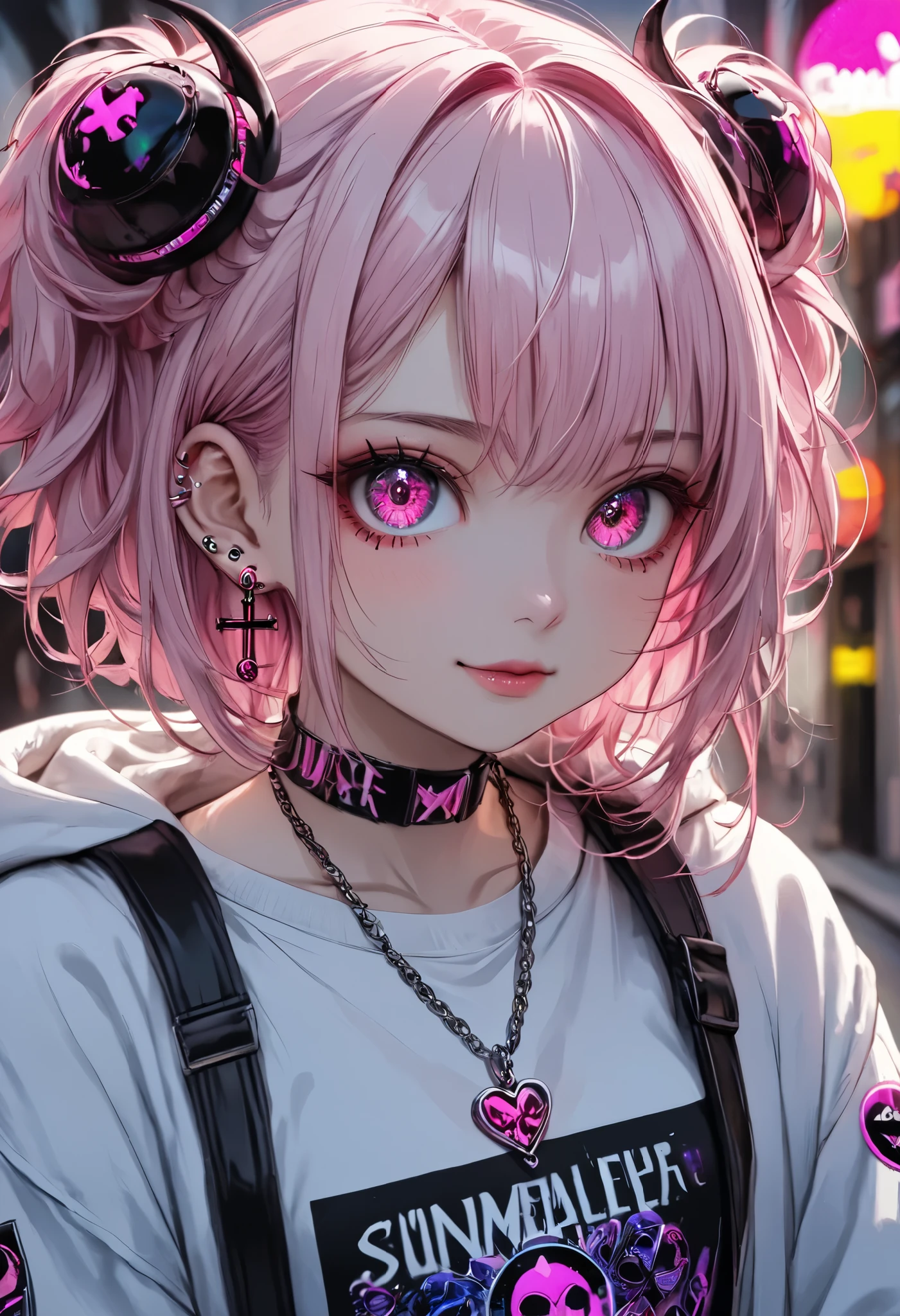 masterpiece, best quality, 8k, highres, ultra-detailed, HDR, UHD, studio lighting, extreme detail description, professional ,dark gothic,punk fashion, pink hair, neon accents, smirking expression, lollipop in mouth, white hoodie, layered necklaces, cross pendant, edgy style, rebellious vibe, ear piercings, vibrant colors, gothic aesthetic, cool demeanor, streetwear details, energetic pose, modern character design