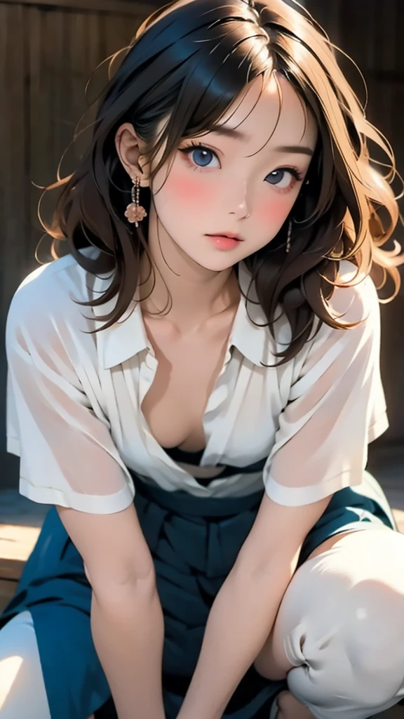 finely detail, hight resolution, hightquality, Perfect dynamic composition, Beautiful detailed eyes, Medium Hair, small tits, Natural Color Lip, Kamimei, Shibuya, 20 years girl, 1 persons, Transparent skin, Glowing hair, mastutepiece, Best Quality, Illustration, Ultra-detailed, finely detail, hight resolution, 8K, The correct state of the human body, crouching down, Gravure Model Pose, Hair soaring in strong winds