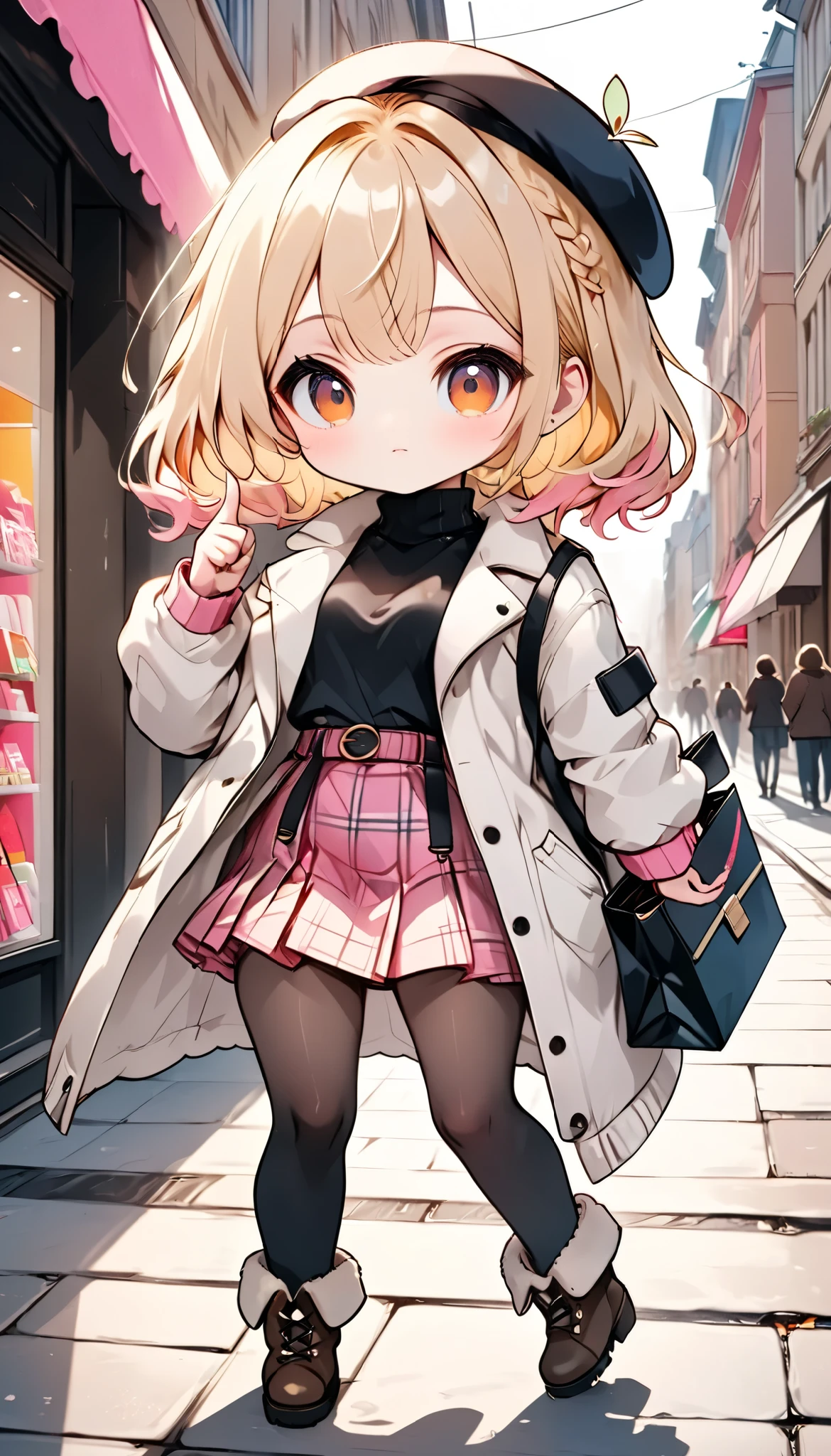 masterpiece, best quality, 8k, highres, ultra-detailed,HDR, UHD, professional,pop art,illustration, pop art,best quality, 2girls,chibi, short hair, wavy hair, blonde hair, pink hair, beret, black beret, pink beret, winter outfit, white coat, plaid skirt, thigh-high boots, brown crossbody bag, shearling jacket, orange turtleneck, high-waisted pants, black ankle boots, holding shopping bag, arm in arm, pointing gesture, casual style, urban setting, bright lighting, fashion-focused