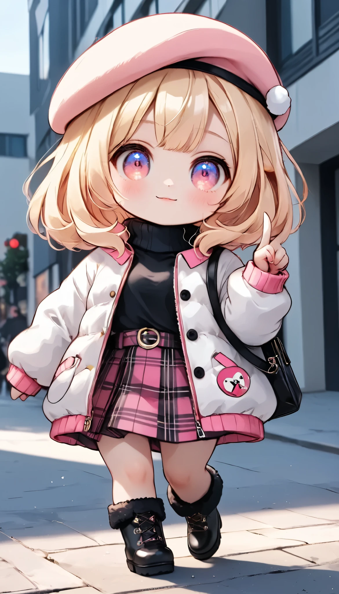 masterpiece, best quality, 8k, highres, ultra-detailed,HDR, UHD, professional,pop art,illustration, pop art,best quality, 2girls,chibi, short hair, wavy hair, blonde hair, pink hair, beret, black beret, pink beret, winter outfit, white coat, plaid skirt, thigh-high boots, brown crossbody bag, shearling jacket, orange turtleneck, high-waisted pants, black ankle boots, holding shopping bag, arm in arm, pointing gesture, casual style, urban setting, bright lighting, fashion-focused