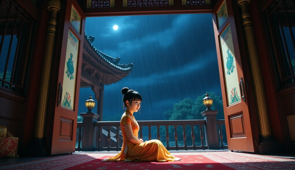 JoJo's Bizarre Adventure style. A sweet-smiling Chinese girl with a bun hairstyle and an orange and white cheongsam sits and watches the rain fall at night in a Thai-style house.