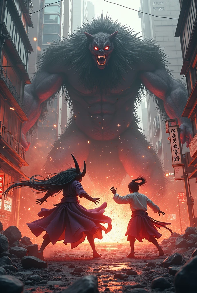 Demonic shadows destroying an old Japanese village in manga style