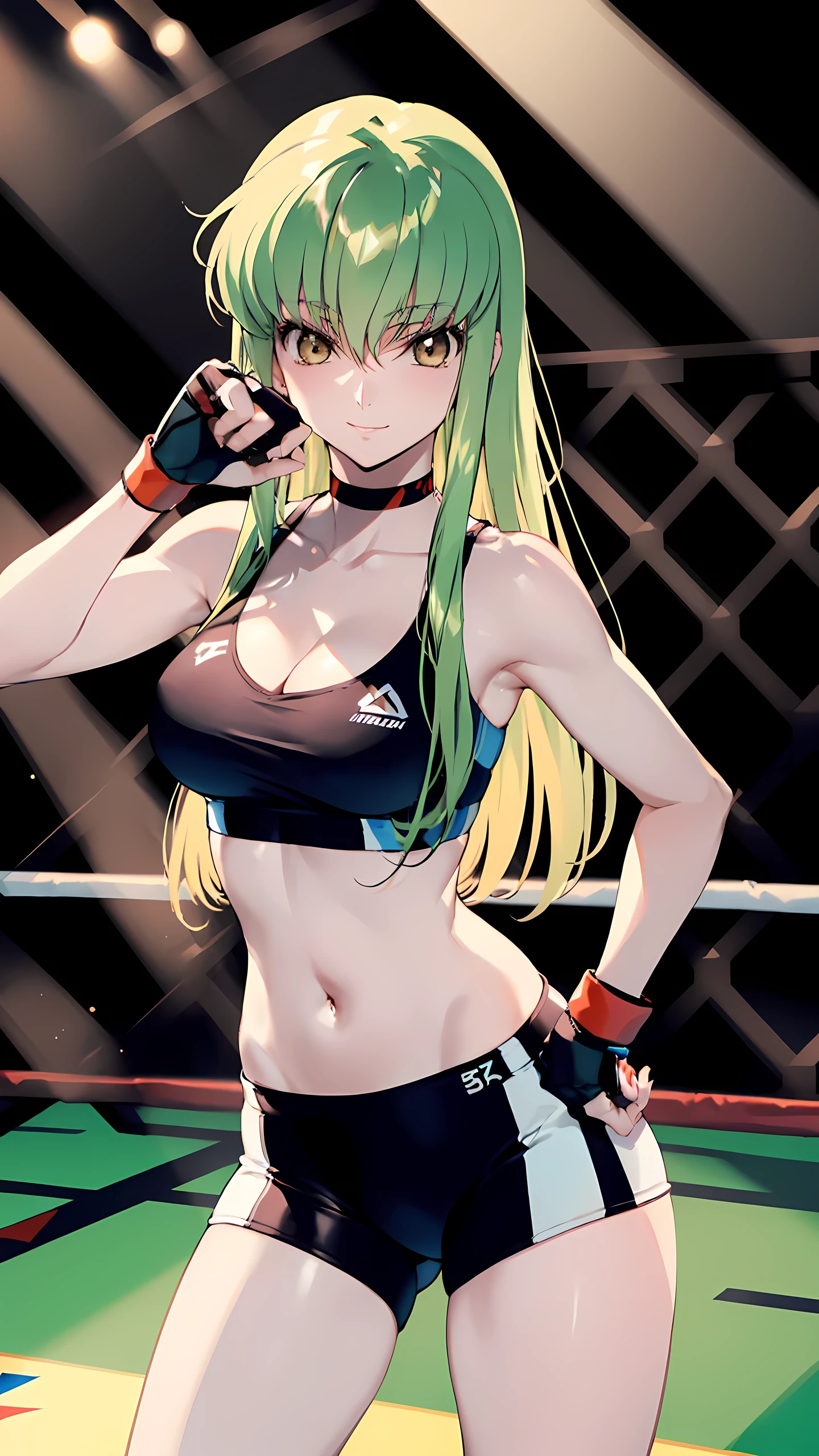 CC_Code Geass, Hair between the eyes, Very long hair, gold eyes, 1 person, Bright light, (masterpiece, Highest quality), 8k, Intricate details, (on MMA Arena :1.5), (wearing sports bra:1.5, wearing tight fit spats:1.5, white costume, wearing fingerless gloves:1.3, sleeveless, cleavage, belly button, bare thigh, slim long legs), Highly detailed face, Highly detailed eye, looking at viewer, realistic background, (naughty smile), woman boxer, (standing victory poses, cowboy shot),