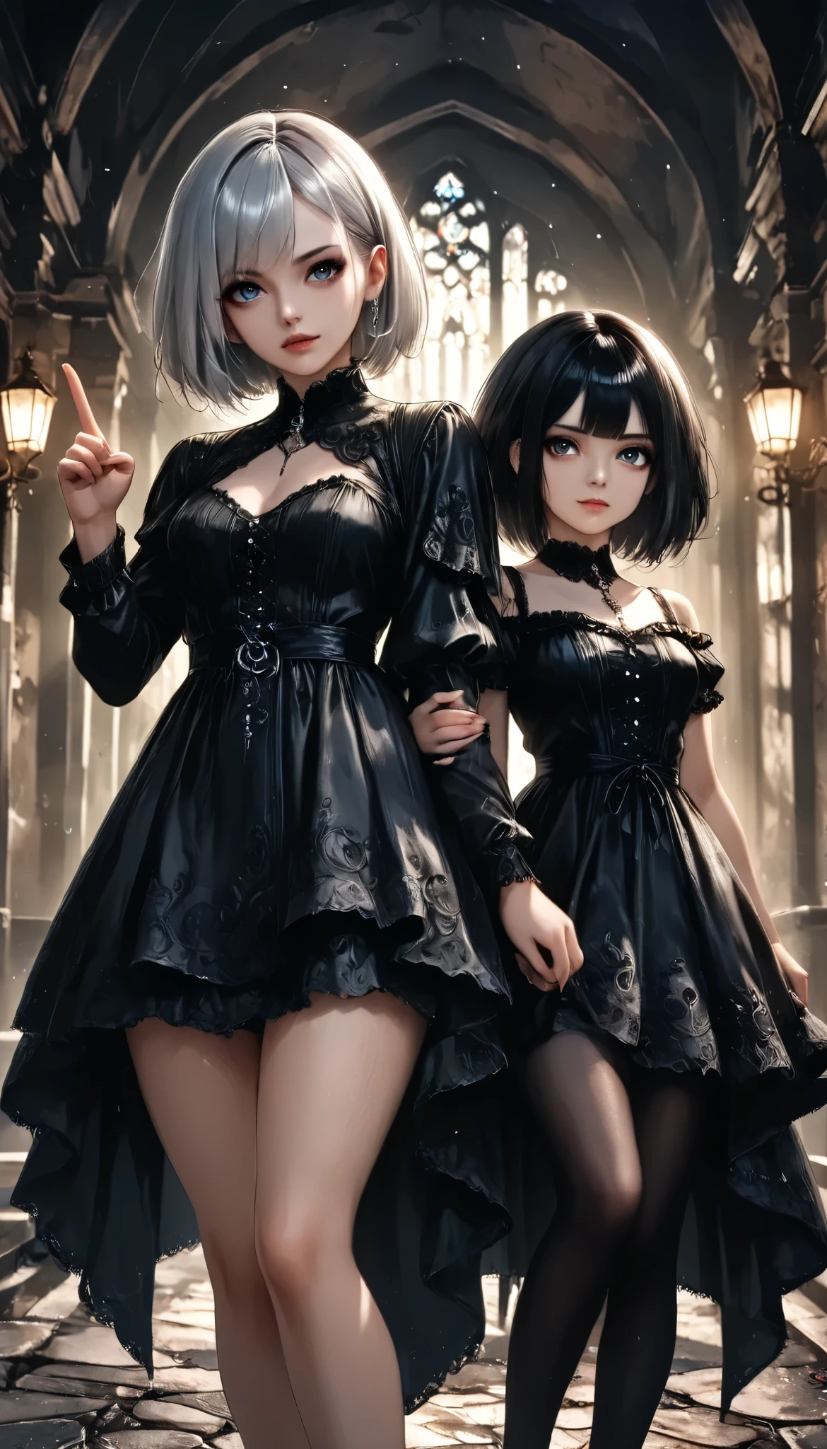 masterpiece, best quality, 8k, highres, ultra-detailed,HDR, UHD, professional,
drkgirl,dark gothic,
illustration, best quality, 2girls, arm in arm, pointing gesture, casual style, urban setting, dark lighting, fashion-focused
