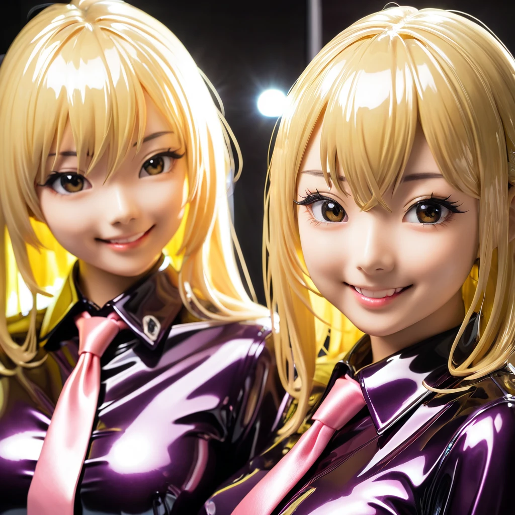 2 Japanese girls buttoned in extremely tight shiny latex blouse, smile, Lens reflection, Reflected light, Are there , Necktie, Medium hair,  blonde hair, 