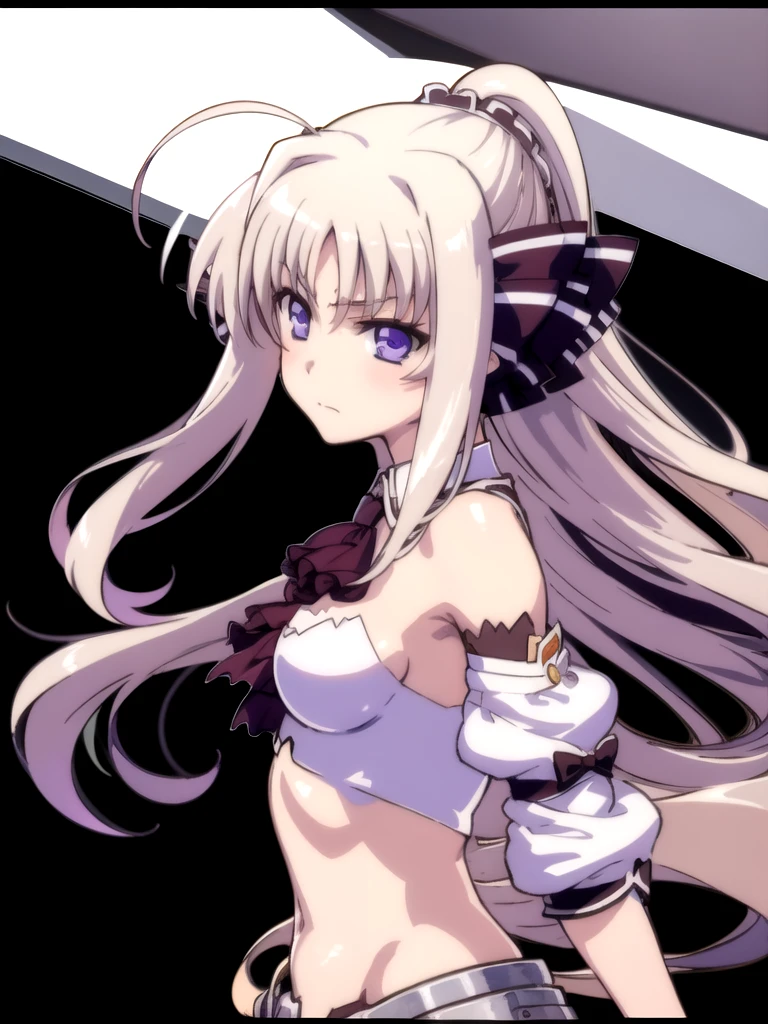 indoor, arena,
rinne_bj, 1girl, long hair, looking at viewer, breasts, purple eyes, upper body, ascot, detached sleeves, frown, ahoge, v-shaped eyebrows, bare shoulders, medium breasts, ribbon, hair ribbon, very long hair, closed mouth, ponytail, bangs, hair between eyes, from side,
