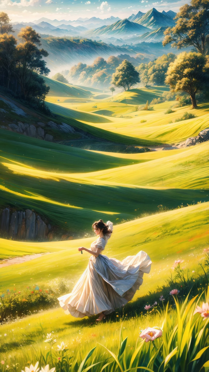 (masterpiece, best quality:1.2), pastoral idyll, grassland, hills, woman, dancing, long skirt, extreme wide shot,