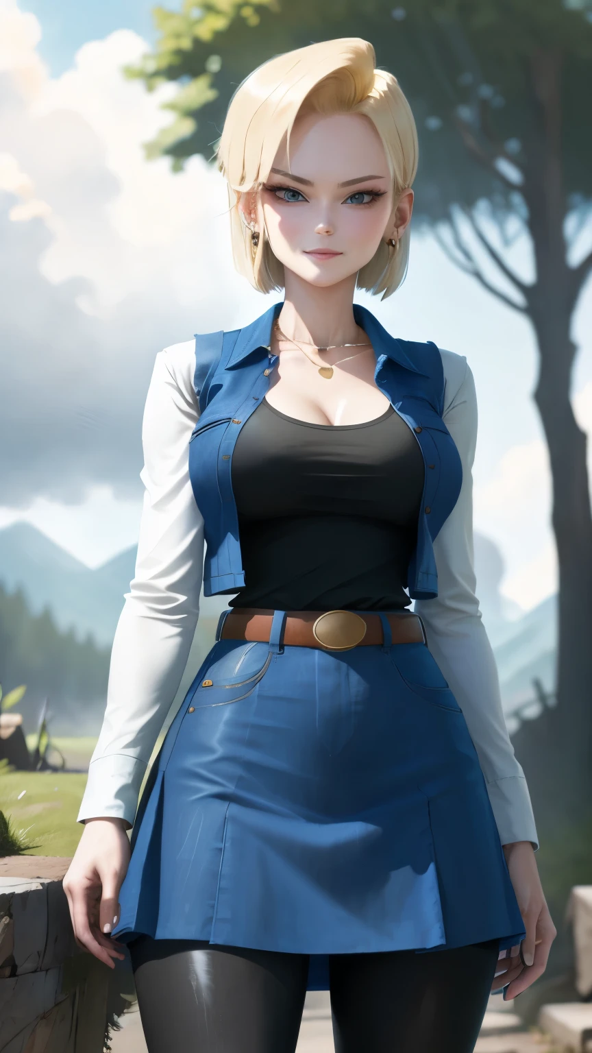 best quality, high-res, and18, 1girl, android 18, solo, blonde hair, blue eyes, belt, blue demin bodycon skirt, gold necklace, black shirt, short hair, long sleeves, striped sleeves, earrings, open vest, blue denim vest, large breasts, cowboy shot, forest, straight-on, (weather: windy), combat ready position, full length pantyhose, battle ruins, wide hips, shy smile,