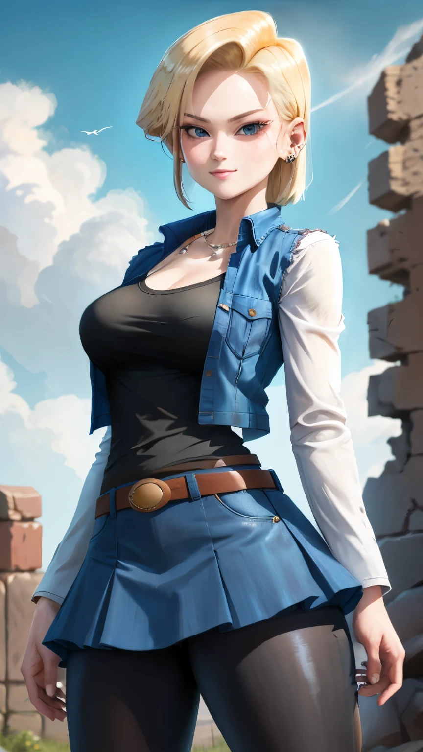 best quality, high-res, and18, 1girl, android 18, solo, blonde hair, blue eyes, belt, blue demin bodycon skirt, gold necklace, black shirt, short hair, long sleeves, striped sleeves, earrings, open vest, blue denim vest, large breasts, cowboy shot, forest, straight-on, (weather: windy), combat ready position, full length pantyhose, battle ruins, wide hips, shy smile,
