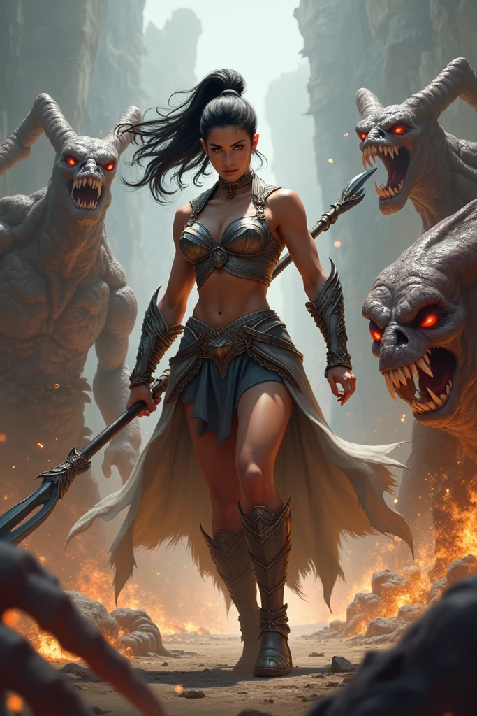 ((best quality)), ((masterpiece)), (detailed), A digital illustration of a furious queen fighting off crowd of monsters with a sword in a desert stormy setting. The woman has long black hair and is wearing a full traditional queen war attire.