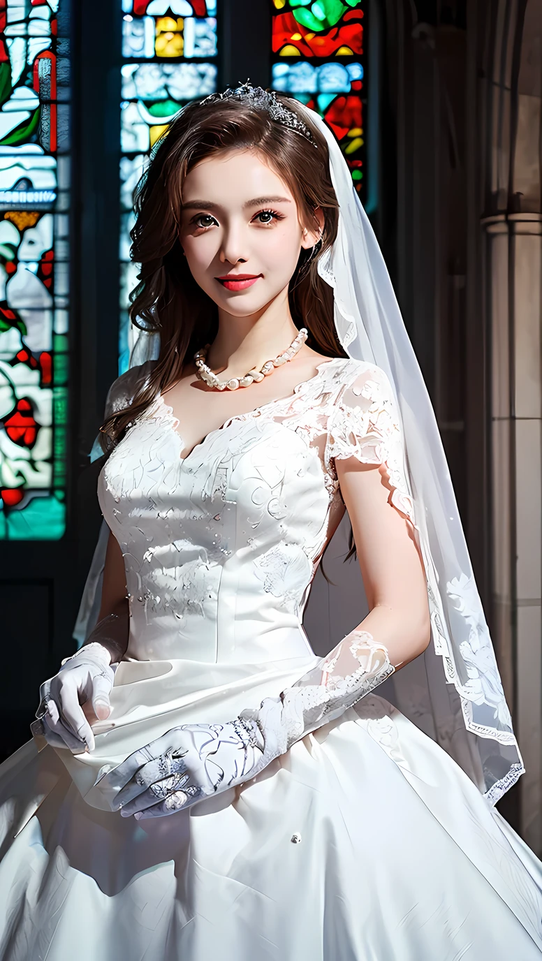 (((Best quality, 8k, Masterpiece: 1.3)), ((best quality)), ((masterpiece)), (detailed), perfect face, perfect body, (detailed skin:1.3), (intricate details), Ball gown wedding dress, pearl necklace, bouquet, Silver hair, straight hair, blue eyes, Wedding Rings, snow White, Chapel, happy, smile, solo, Stained Glass