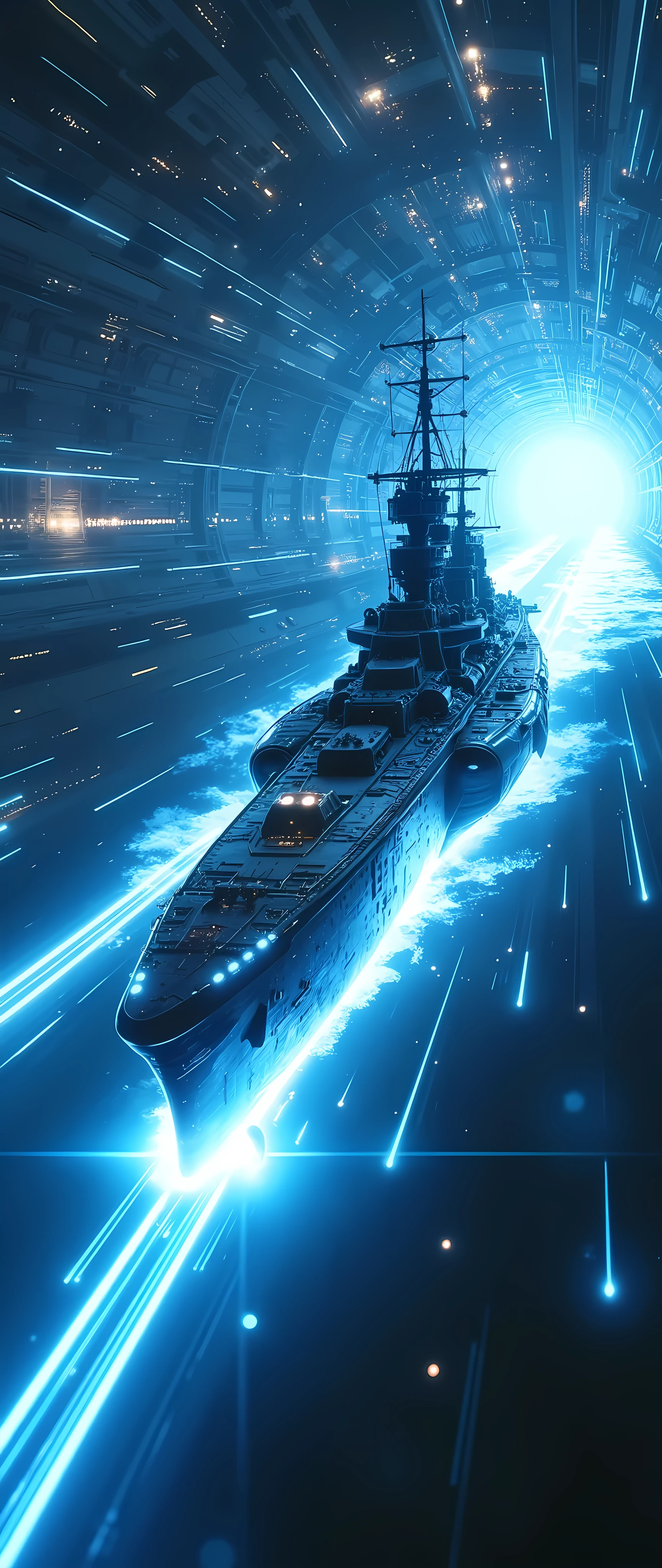 (masterpiece:1.2,Outstanding quality,Mirror finish, Cinematic Experience),8k,wallpaper,Realistic,(DSLR Canon Style),( battleship type spacecraft warps with beautiful lines of light :2.0),(SF:2.0),( streamlined spaceship reminiscent of the Yamato battleship :2.0),(dynamic),( beautiful light particles are being emitted from the wave engine at the stern:2.0),(Express super speed of light with beautiful blue and white light lines :2.0),( The background is a wormhole and subspace  :2.0),( motion blur),(Vivid colors:2.0)