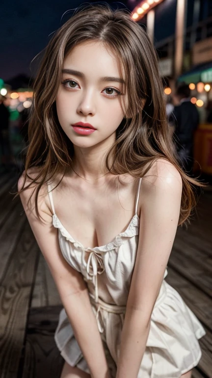 realistic, ultra detailed, photo display from head to toe, a 23 year old girl, wearing a unbuttoned shirt and skirts, naughty expression, no makeup, bare face, beautiful face, sweet face, hands 1:3, ((small breast, perfect round :1.1)), soft color grade, ((shot taken from straight away, 135mm :1.2)), 1girl, (hdr, hyperdetailed :1.2), (8k, detailed skin :1.3), highly detailed face texture 1:1, sexy pose, bokeh, rule of third, stunning lightning, petite, amusement park background :1.1, stand in the middle, F/1.8, at afternoon, 