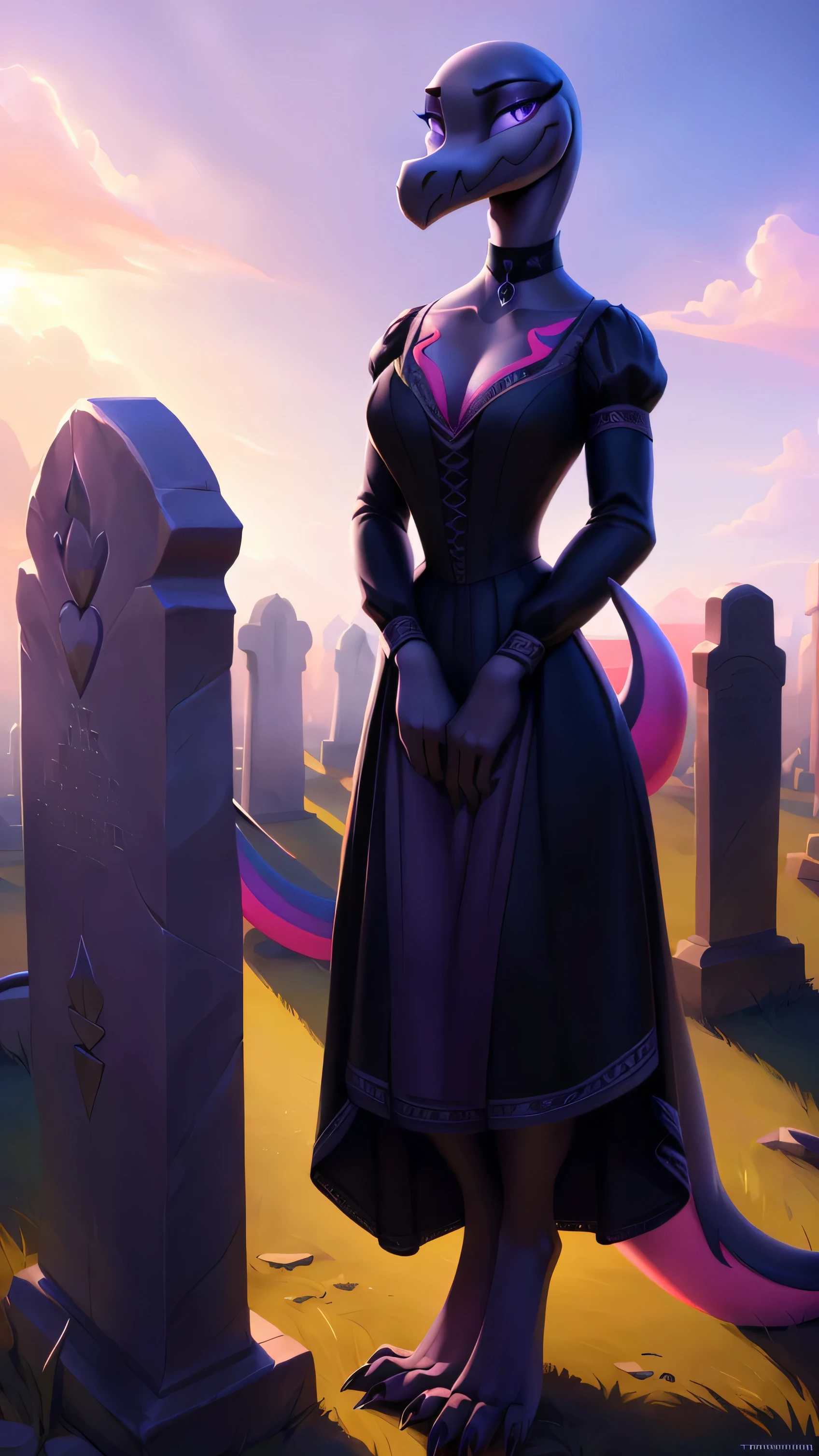 uploaded on e621, ((Salazzle)) by Pixelsketcher, by Bayard Wu, by Thomas Benjamin Kennington , by Einshelm, anthro, ((full body focus)), BREAK, ((dress:1.2)),wearing black victorian dress, long flowing dress, long sleeve victorian dress, dress flowing down past knees, black choker, (detailed Bonifasko lighting), (detailed scales), (detailed skin), (female Salazzle), BREAK, ((facing viewer)), (cinematic lighting), ((detailed background)), ((full body portrait view)), (((portrait view))), (half body shadow), [backlighting], [crepuscular ray], [detailed ambient light], [gray natural lighting], [ambient light on the belly], (higher wildlife feral detail), [sharp focus], (shaded), ((masterpiece), natural breasts, large breasts, furry Salazzle, reptilian face, furry Fantasy Art, furry Art, Commission for High Res, anthro Art, POV furry Art,Sakimichan beautiful, masterpiece, best quality, detailed image, bright colors, detailed face, perfect lighting, perfect shadows, perfect eyes, girl focus, purple eyes, flawless face, reptilian girl, scales, scaled woman, colorful scales, gaze at the viewer, half-closed eyes, 1girl, full body, (masterpiece:1.21), (best quality:1.2), (illustration:1.2), (cinematic lighting:1.3), detailed scales, balanced coloring, global illumination, ray tracing, good lighting, scales, anthro, looking at viewer, short neck, (full body shot of woman in graveyard), submissive, outside, graveyard, (woman standing outside, woman standing in graveyard, woman next to tombstones), hand on tombstone, claws, (intricate details:1.12), (intricate details, hyperdetailed:1.15), hdr, outside, (daytime:1.2), warm light, dramatic light, cinematic, (full body:1.2), slight smile, blushing, ((black victorian dress, standing up, posing seductively, slight smile, full victorian dress, dress covering whole body))