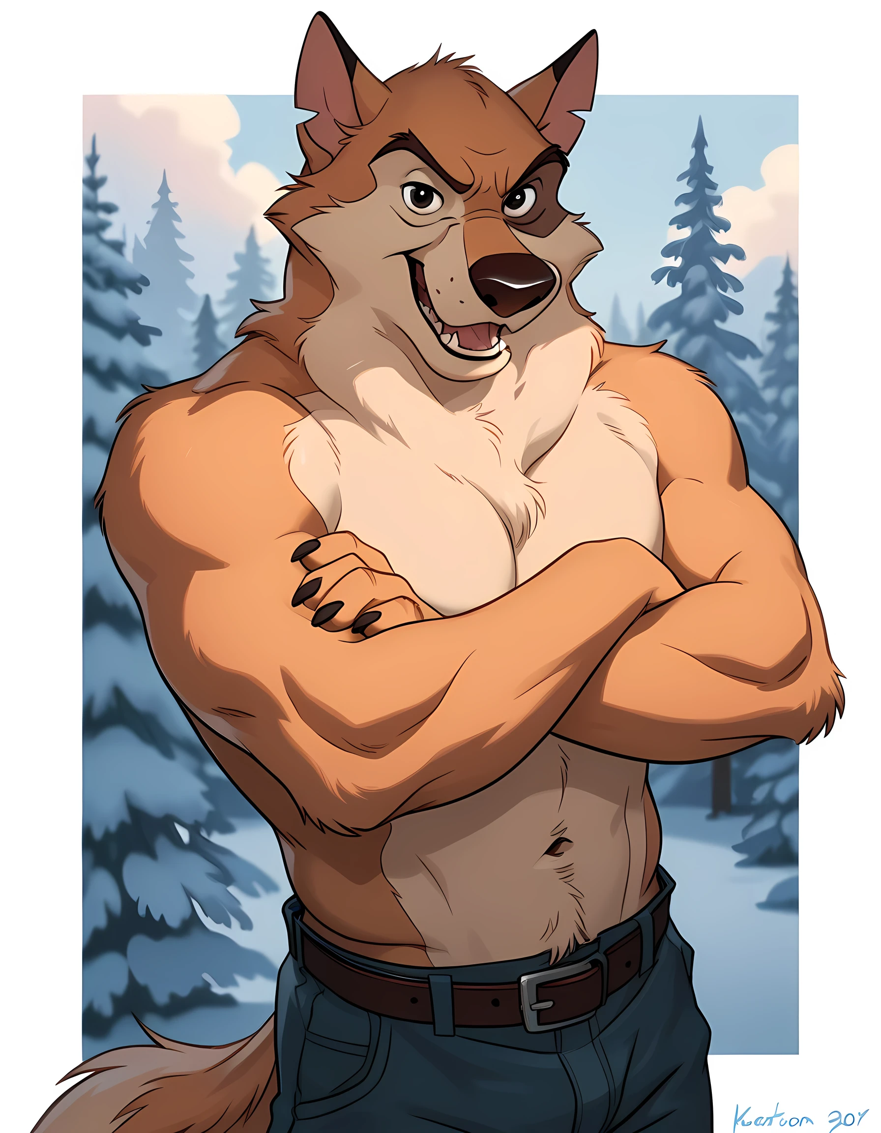 kaltag, alaskan malamute, solo, detailed, detailed face, detailed eyes, anthro body, male, adult, very muscular:1.1, cartoon shading, cel shaded:1.0, flat colors, shirtless, wfa style, negger style, cartoony anatomy, above waist, looking at viewer, arms crossed, winter countryside background:1.1, belt, pants