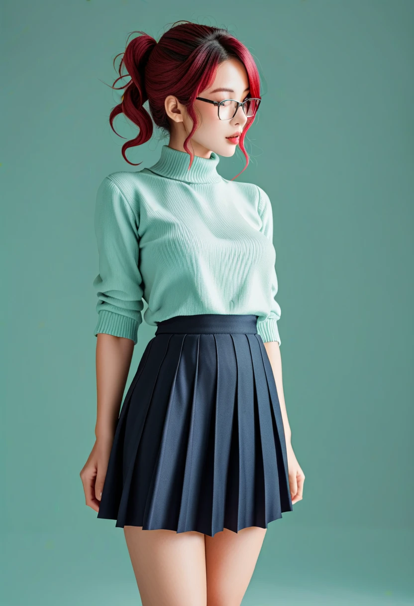 (( best quality)), ((傑 best quality、masterpiece、High sensitivity、 high definition 、 Details、 Delicate Facial Description)), Slender woman、Glasses、 jumper skirt、A strong wind is blowing、Hair gets messy、 turn your skirt over 、