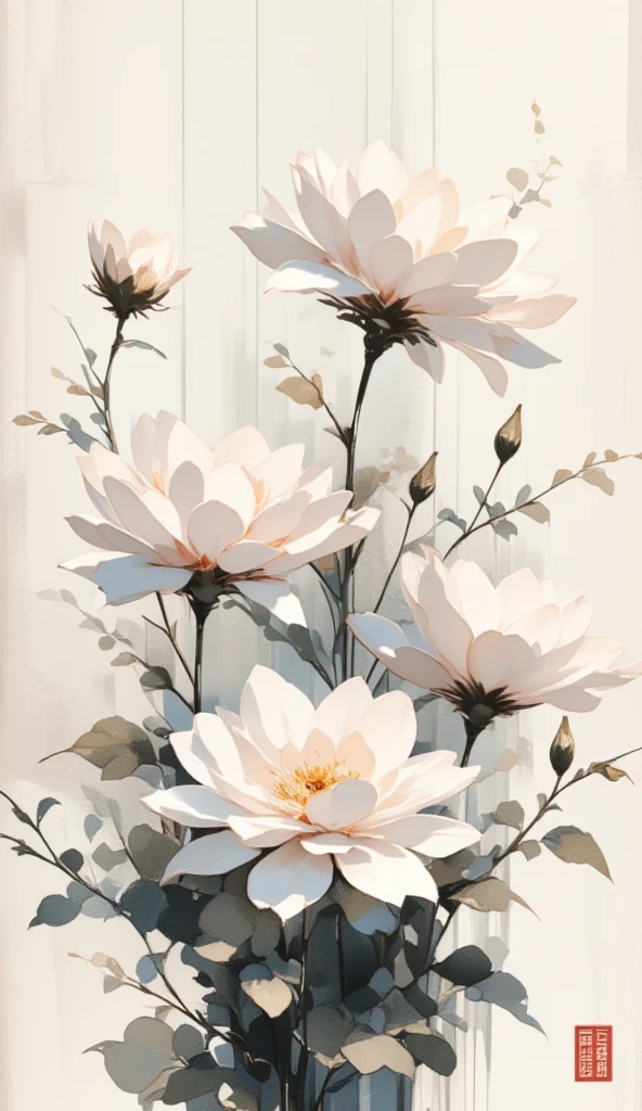 watercolor, watercolor, watercolor風, watercolorの詳細なアート, watercolor digital painting, watercolor paint、 Beautiful Women、Floral arrangement、Wabi-sabi art、white、gray、black tone 、Parchment、抽象的Floral arrangement、Three big flowers、 Dreamy Art 、silence、 wallpaper、 best quality、masterpiece、 high definition 、８ｋ