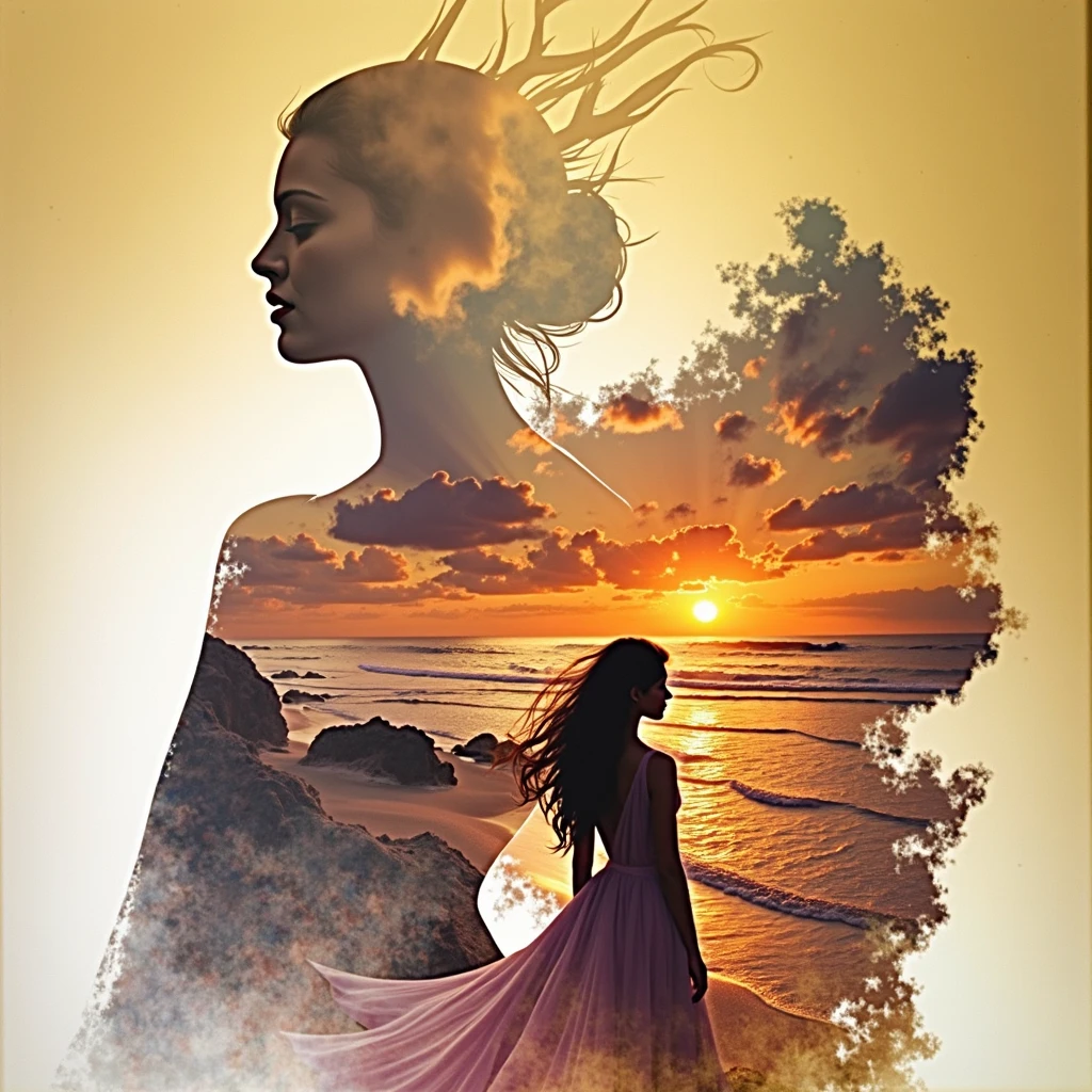 arafed image of a woman with a sunset in the background, photoshop art, beautiful digital artwork, digital art picture, gorgeous digital art, surreal beautiful young woman, double exposure effect, photo manipulation, beautiful gorgeous digital art, beautiful digital art, photomanipulation, stunning digital art, photoshop collage, beautiful girl on the horizon, beautiful, amazing blend effect