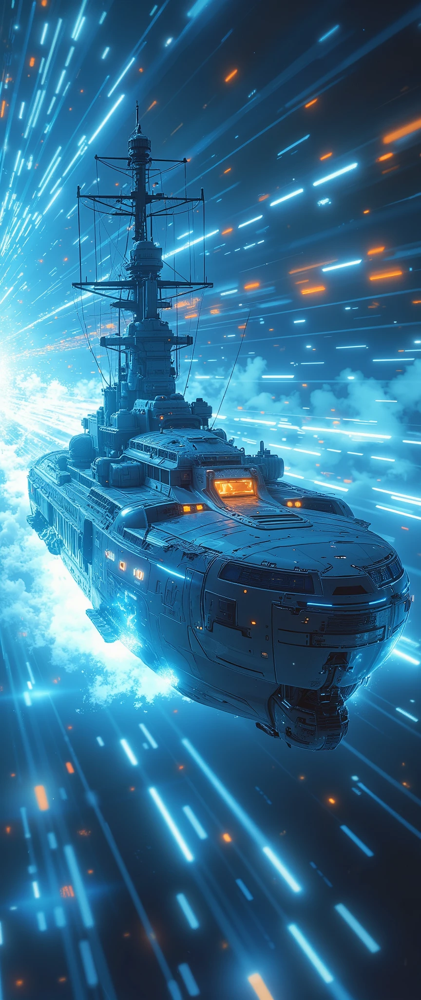 (masterpiece:1.2,Outstanding quality,Mirror finish, Cinematic Experience),8k,wallpaper,Realistic,(DSLR Canon Style),( battleship type spacecraft warps with beautiful lines of light :2.0),(SF:2.0),( streamlined spaceship reminiscent of the Yamato battleship :2.0),(dynamic),( beautiful light particles are being emitted from the wave engine at the stern:2.0),(Express super speed of light with beautiful blue and white light lines :2.0),( The background is a wormhole and subspace  :2.0),( motion blur),(Vivid colors:2.0)